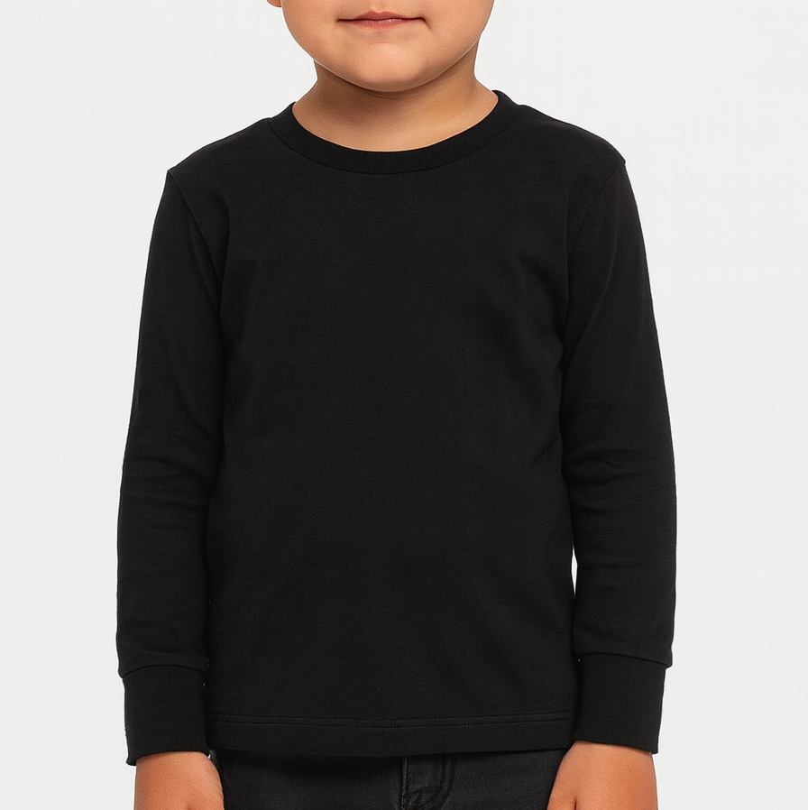 Toddler boy wearing a black BELLA + CANVAS 3501T long sleeve jersey tee, front view, neutral background, ideal for custom printing