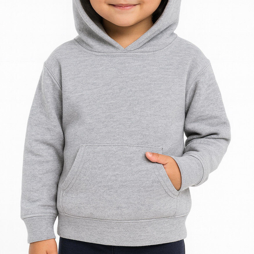 Toddler girl wearing a heather gray Bella Canvas 3719T sponge fleece hoodie, front view, neutral background, ideal for custom printing