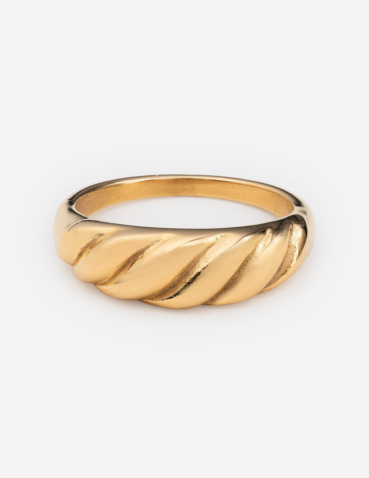 Gold-tone croissant ring with a rounded ridged front and smooth band on a white background
