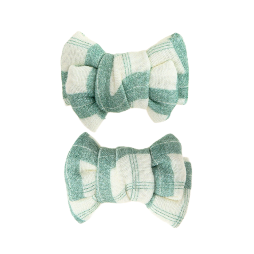 Pigtail Bow Hair Clips Set of 2 Fern Plaid Organic Cotton