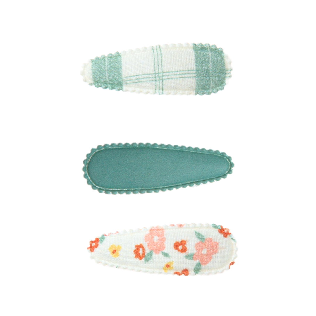 Organic Snap Hair Clips Set of 3 Fern Plaid and Sunset Meadow