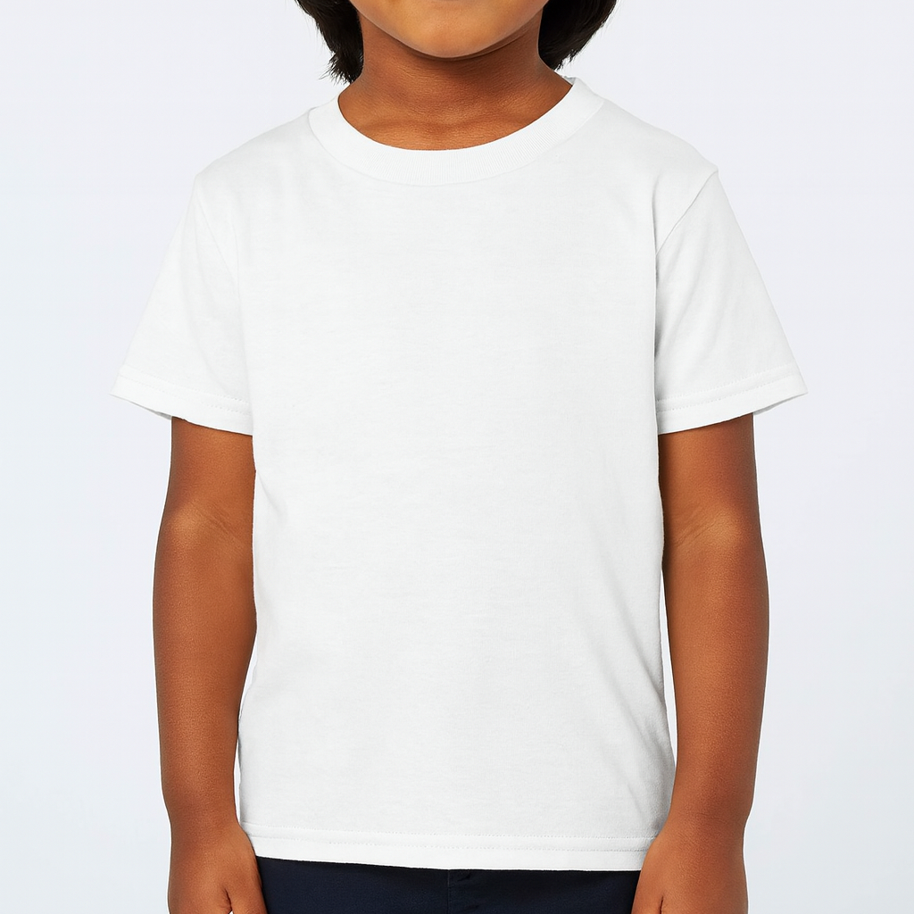 Toddler boy wearing a white Gildan 5100P heavy cotton tee, front view, ideal for custom printing