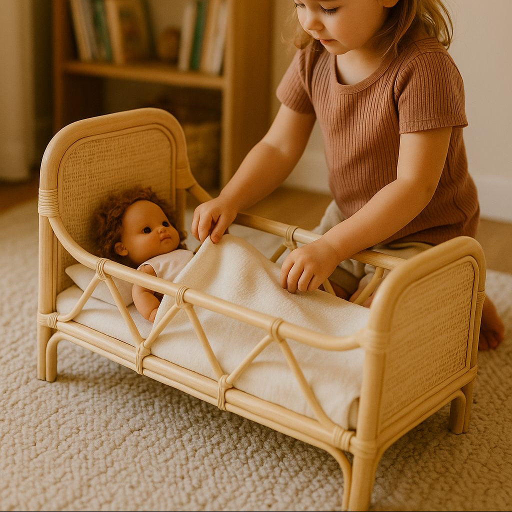 Child playing with a doll in a small bed in a cozy room with string lights and a bookshelf.