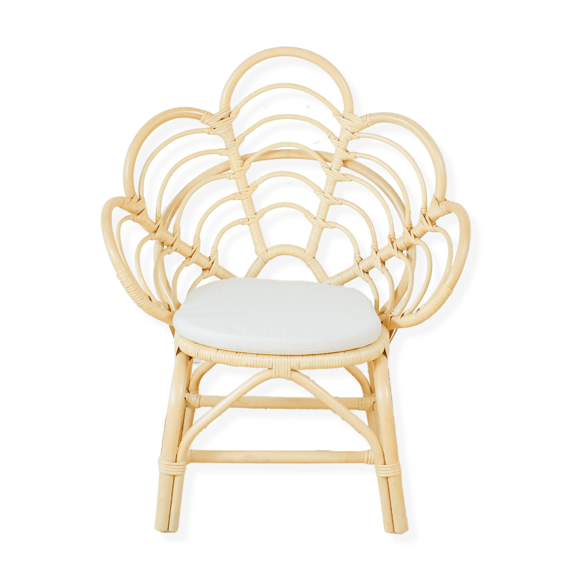 Wicker chair with a white cushion on a white background