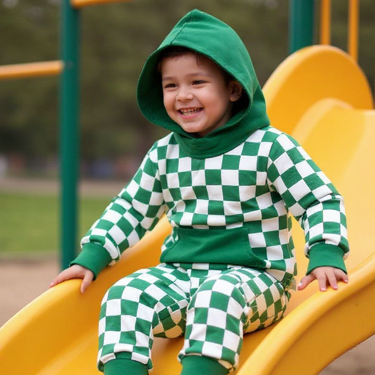 Hooded Jogger Set for Kids in Green Checker | Soft Luxaboo French Terry Matching Set