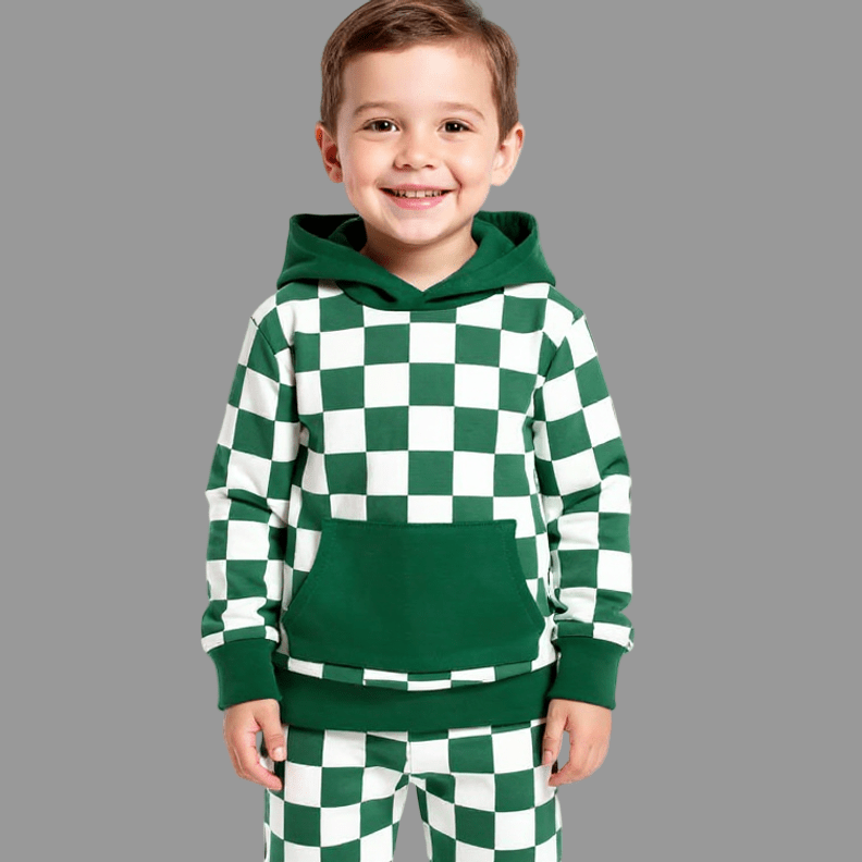 Hooded Jogger Set for Kids in Green Checker | Soft Luxaboo French Terry Matching Set