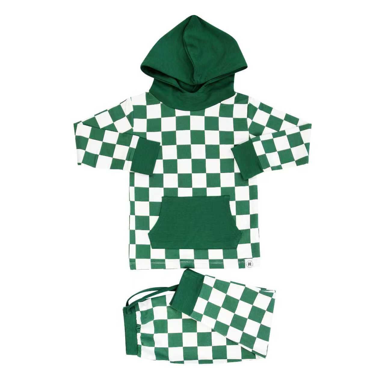 Hooded Jogger Set for Kids in Green Checker | Soft Luxaboo French Terry Matching Set