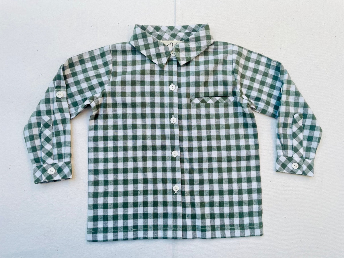Front view of a boys’ green and white gingham shirt with a collar, long sleeves, and button closure.