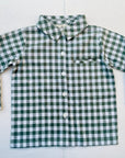 Front view of a boys’ green and white gingham shirt with a collar, long sleeves, and button closure.