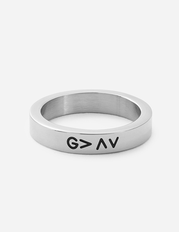 Silver-tone ring with black symbols representing God is greater than the highs and lows