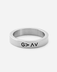 Silver-tone ring with black symbols representing God is greater than the highs and lows