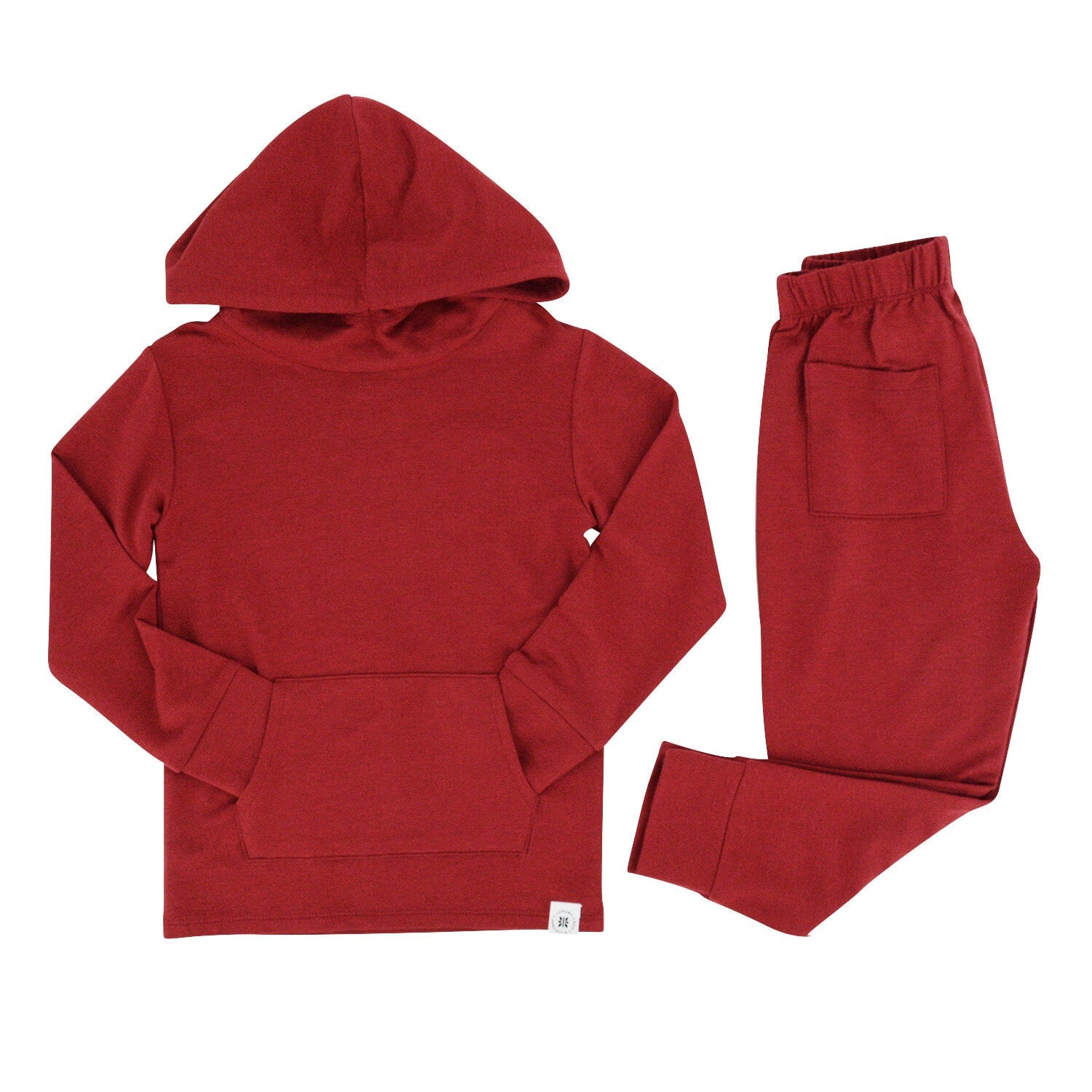 Red hoodie and pants set on a white background