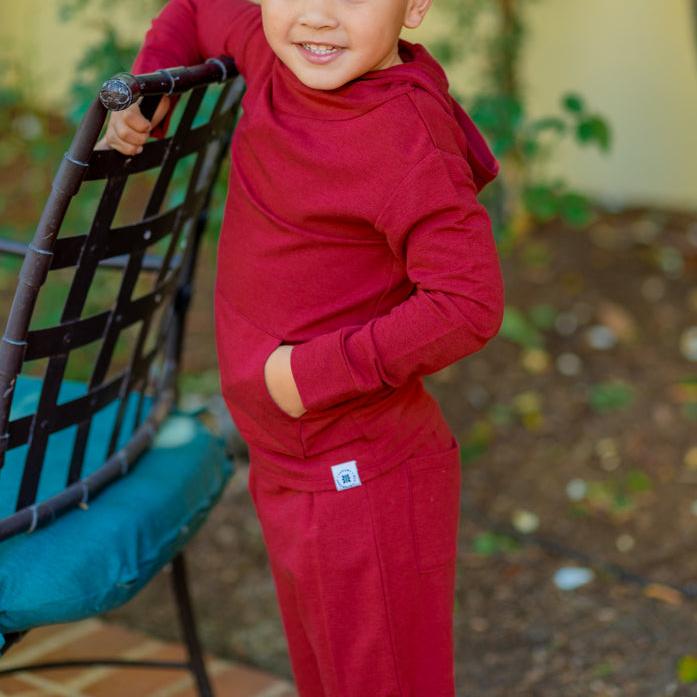 Hooded Jogger Set for Kids in Rhubarb Red | Soft Luxaboo French Terry Matching Set