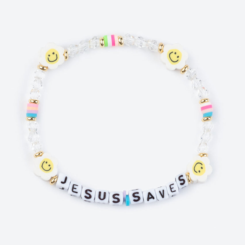 Bracelet with 'Jesus Saves' beads on a white background