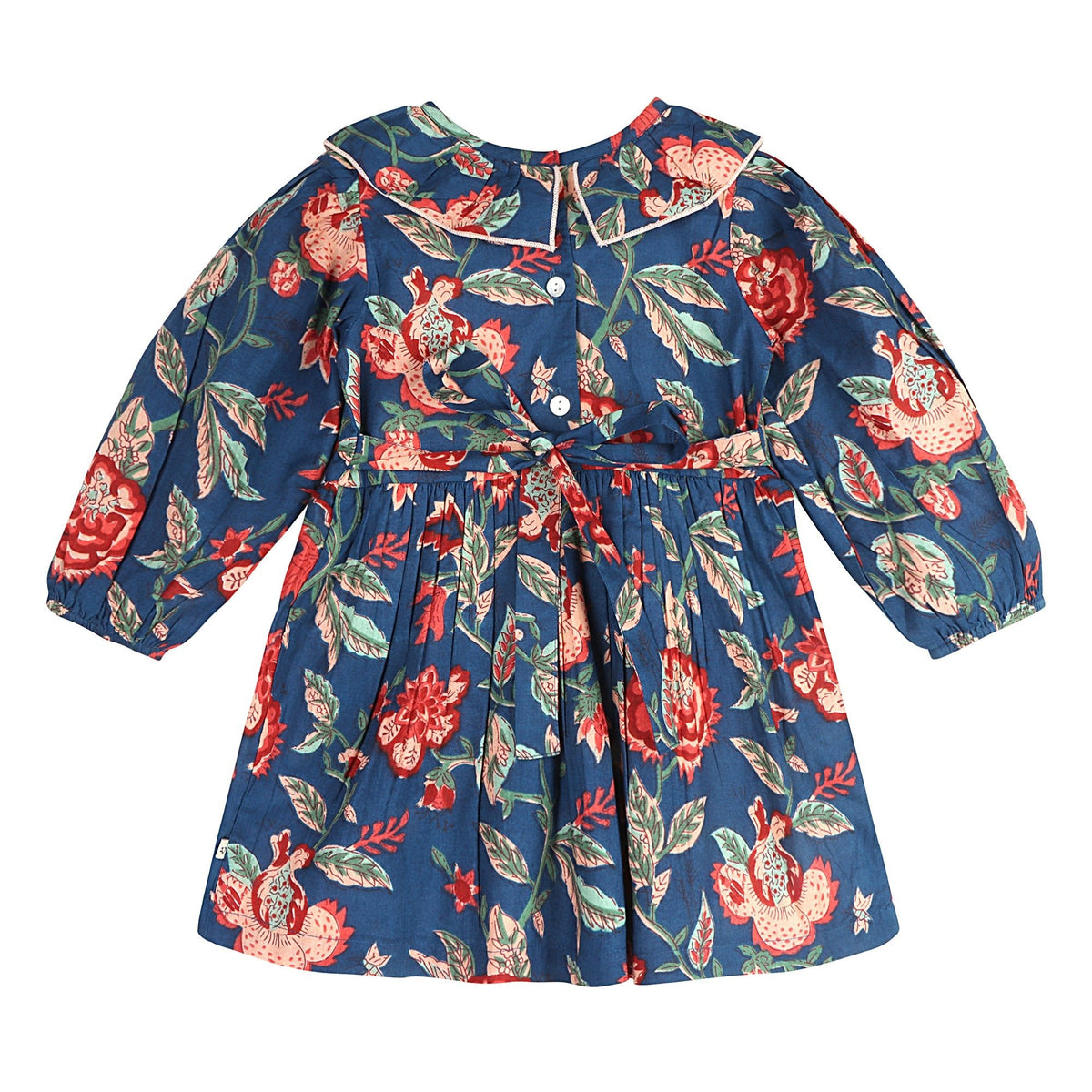 Back view of the Midnight Bloom floral dress showing the matching fabric waist tie.