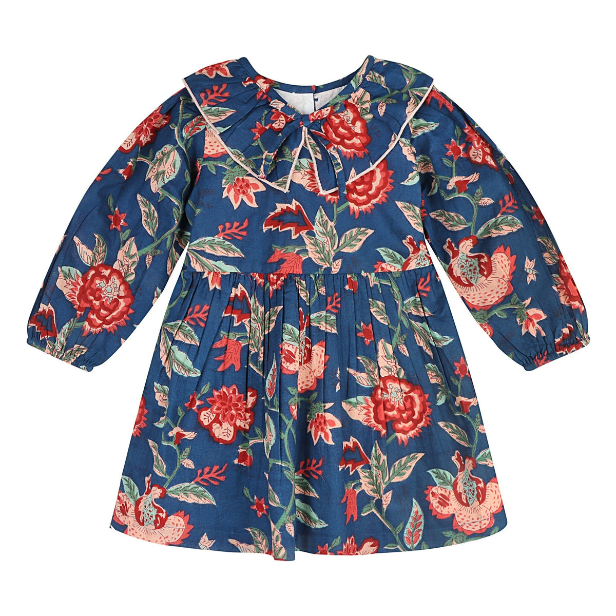 Front view of the Midnight Bloom girls’ dress with a rich blue floral print, rounded collar, and gathered skirt.