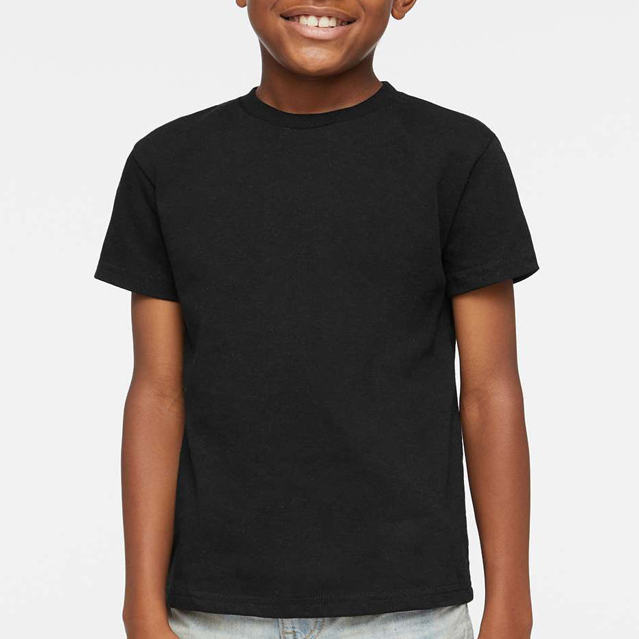 Youth boy wearing a black Rabbit Skins 3301J Juvy T Shirt, front view, ideal for custom printing