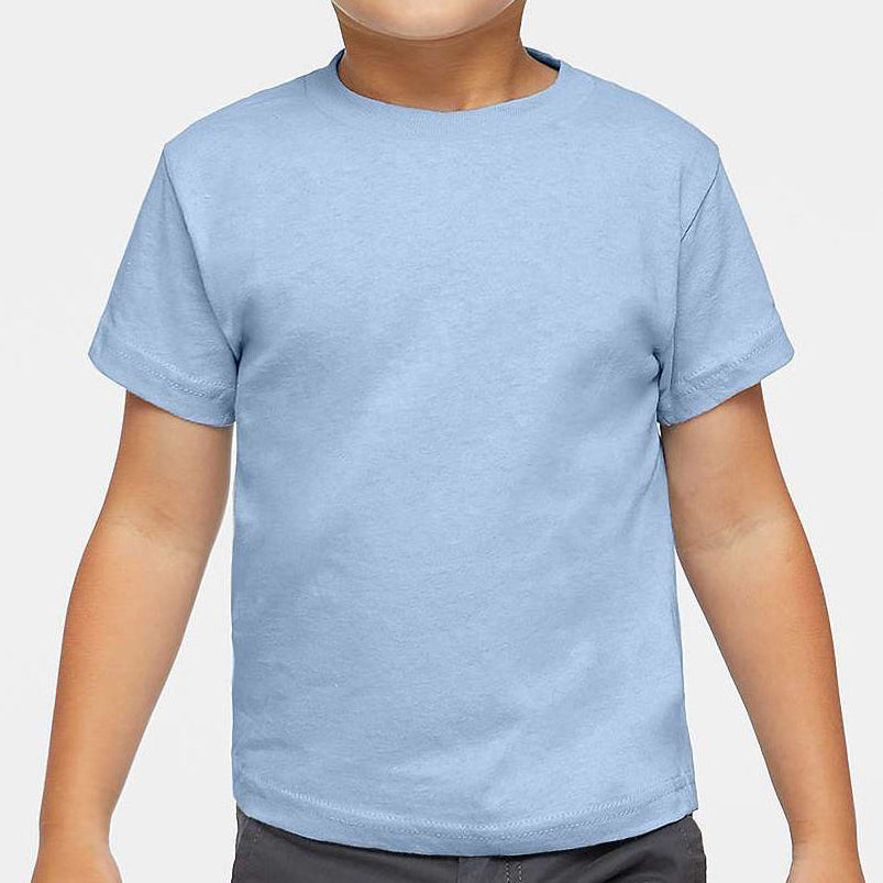 Toddler boy wearing a light blue Rabbit Skins 3301T cotton jersey tee, front view, ideal for custom printing
