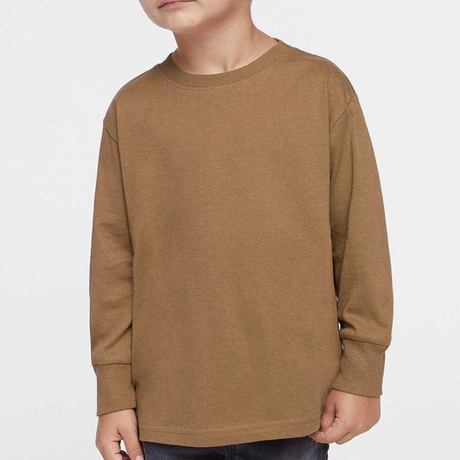 Toddler boy wearing a coyote brown Rabbit Skins 3302 fine jersey long sleeve tee, front view, ideal for custom printing