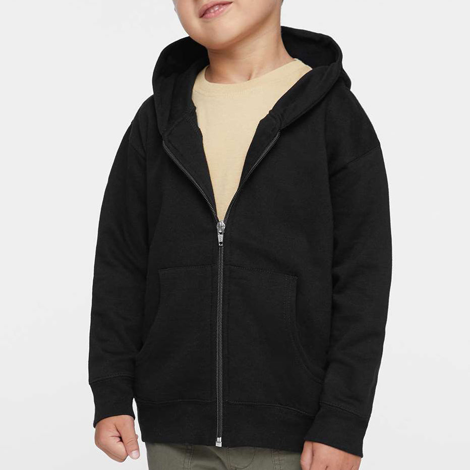 Toddler wearing a black Rabbit Skins 3346 full zip fleece hoodie, front view, ideal for custom printing