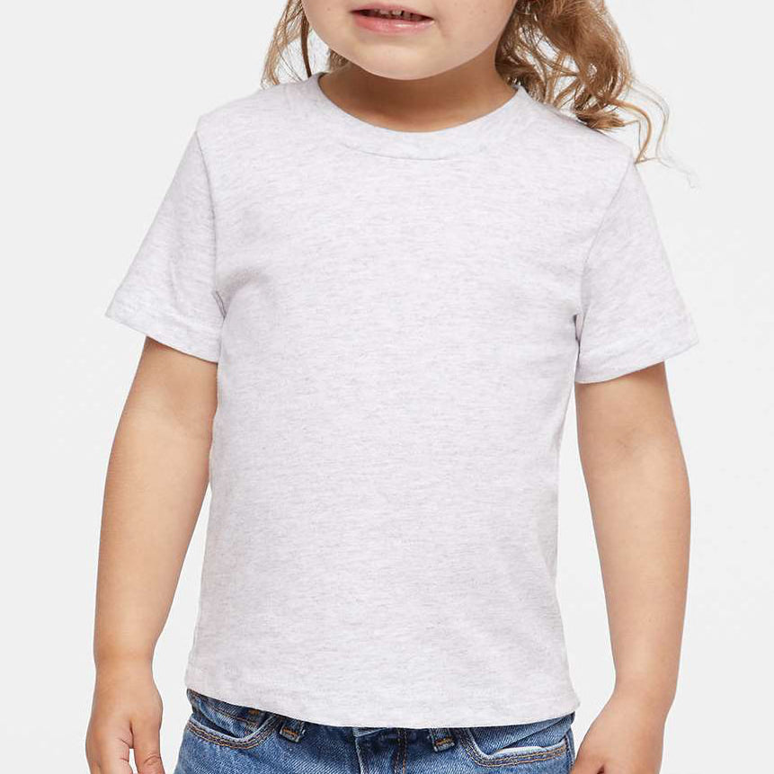 Infant wearing an ash Rabbit Skins 3401 cotton jersey tee, front view, ideal for custom printing