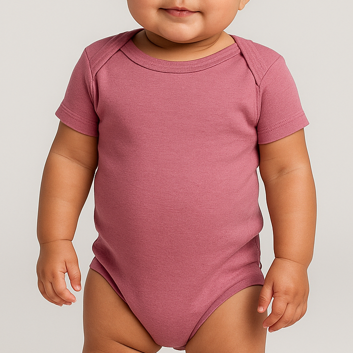 Baby girl wearing the Rabbit Skins 4424EX infant fine jersey bodysuit in Vintage Mauvelous, front view, ideal for custom printing