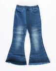 Blue denim bell-bottom pants on a white background