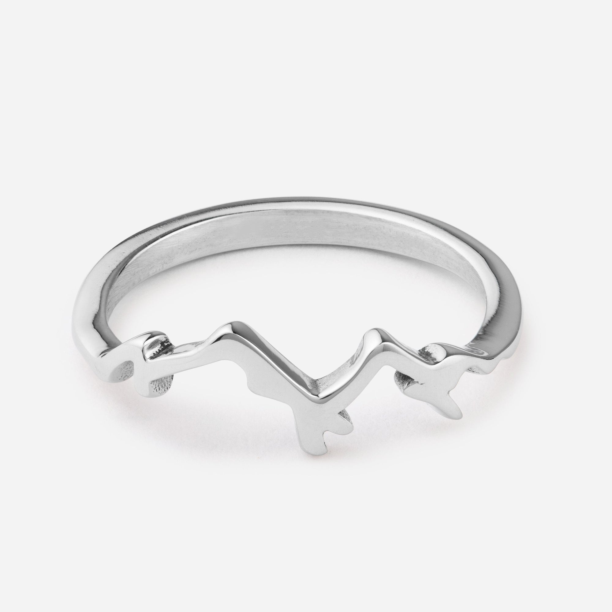Silver ring with a wavy design on a white background