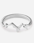Silver ring with a wavy design on a white background