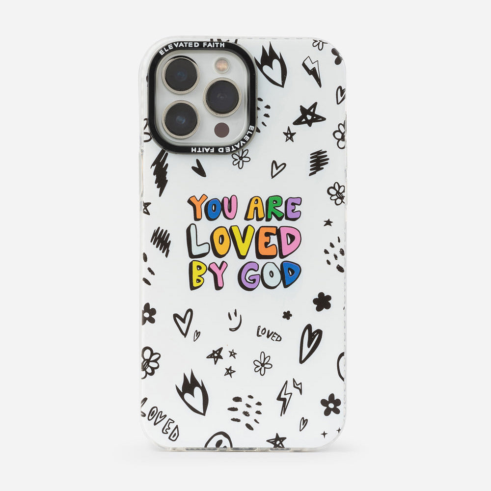 Phone case with 'You are loved by God' text on a white background