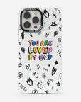Phone case with 'You are loved by God' text on a white background