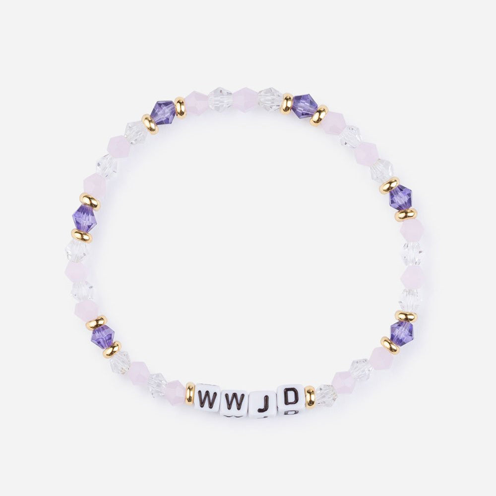 Bracelet with beads and 'WWJD' tag on a white background