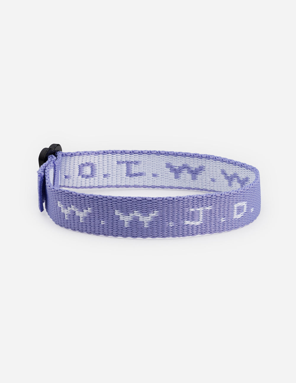 Purple WWJD woven bracelet with contrasting lettering and a black adjustable closure on a white background.